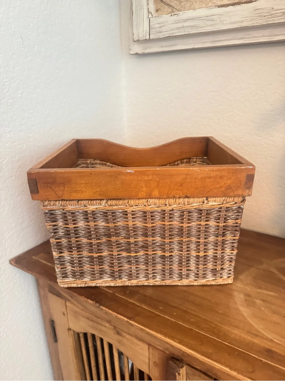 Rustic Woven Basket with Wooden Frame 11"x9"x7.5" Vintage Charm for Home - Picture 8 of 14